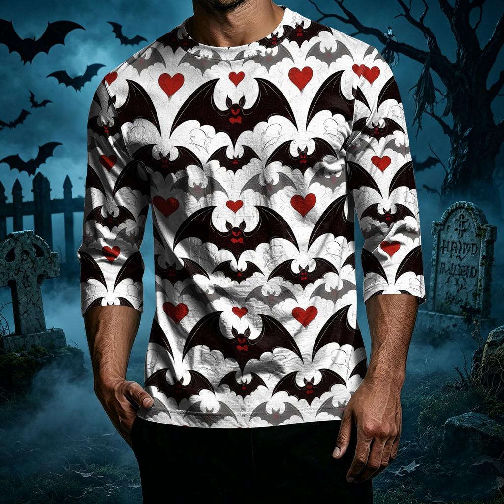 Men Casual Halloween Print Raglan Sleeve T Shirt Crew Neck Three Quarter Sleeve Top for Everyday Wear