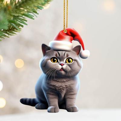 Yousheng Christmas Cat Pendant Acrylic Santa Hat Cartoon Cat Hanging Decoration Key Ring Kitten Pendant Christmas Tree Decor Gift for Cat Lovers
