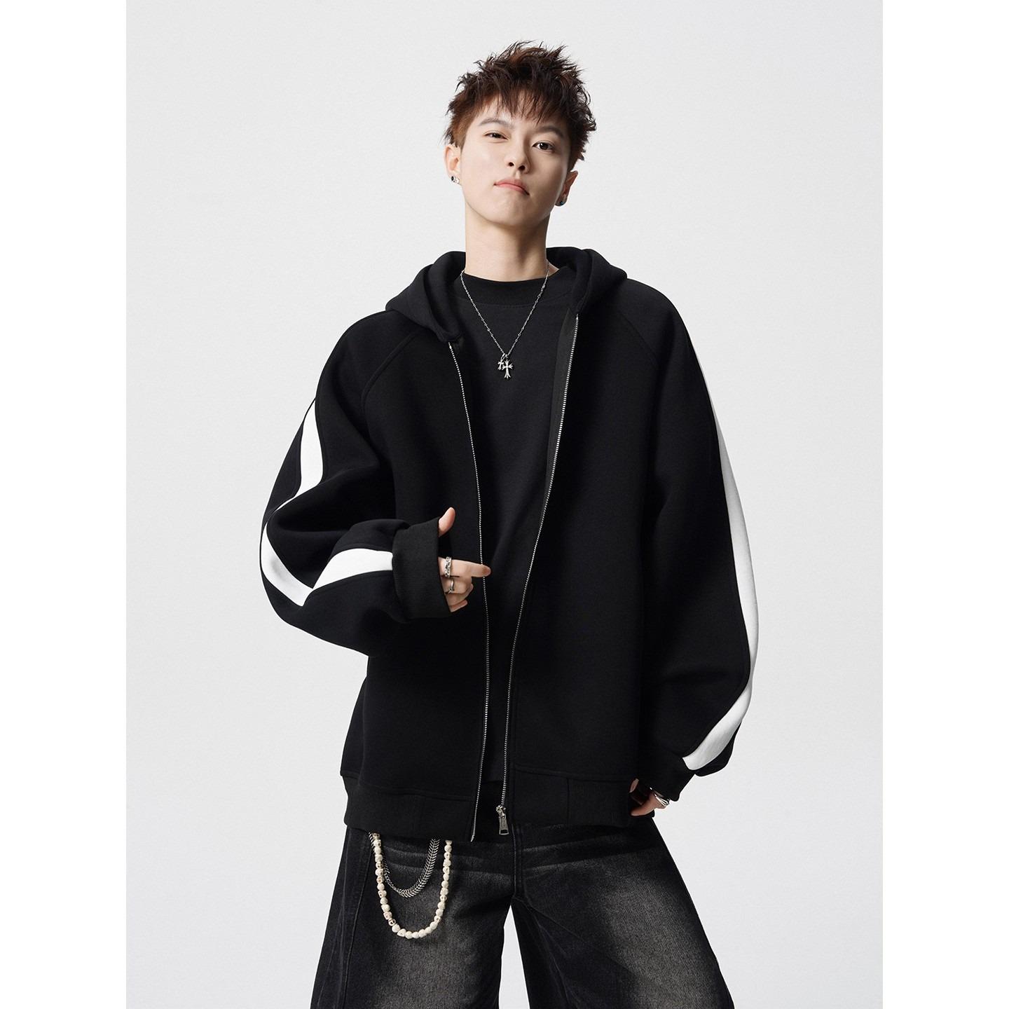 Heavyweight Unisex Color Block Cardigan Hoodie - Autumn Trend, Deconstructed Casual Style, American Versatile Jacket L