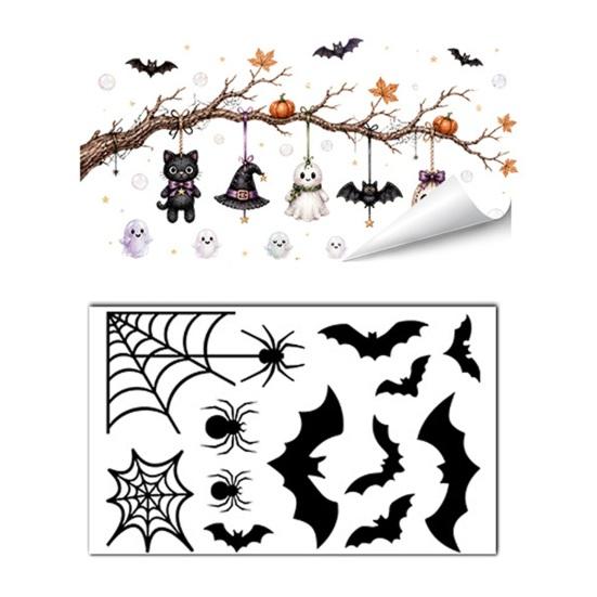 Thickened PVC Halloween Graphics 2 Sheets Window Stickers, Bat Spider Web Static Cling Decals, Festive Party Ornaments Ghost Pumpkin Waterproof