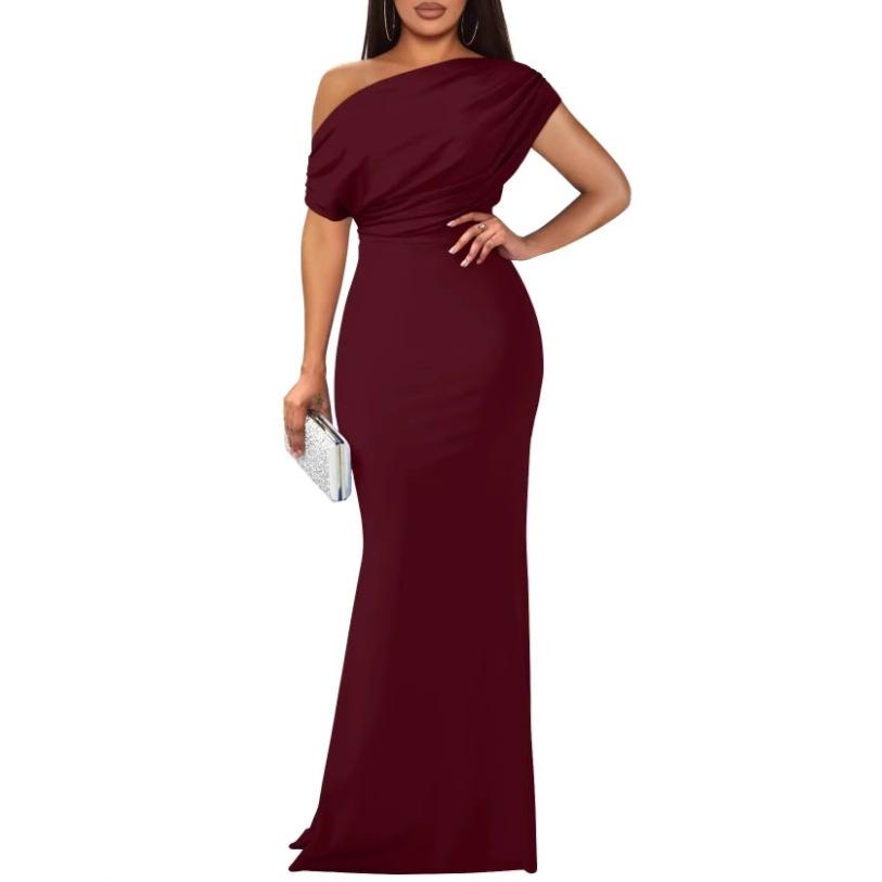 Dark Blue One Shoulder Fishtail Evening Gown with Short Sleeves
