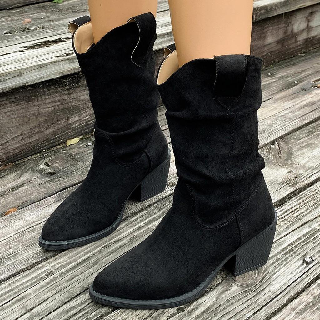 Women's Chunky Heel Retro Mid-Calf Western Boots - 2025 Autumn/Winter Collection