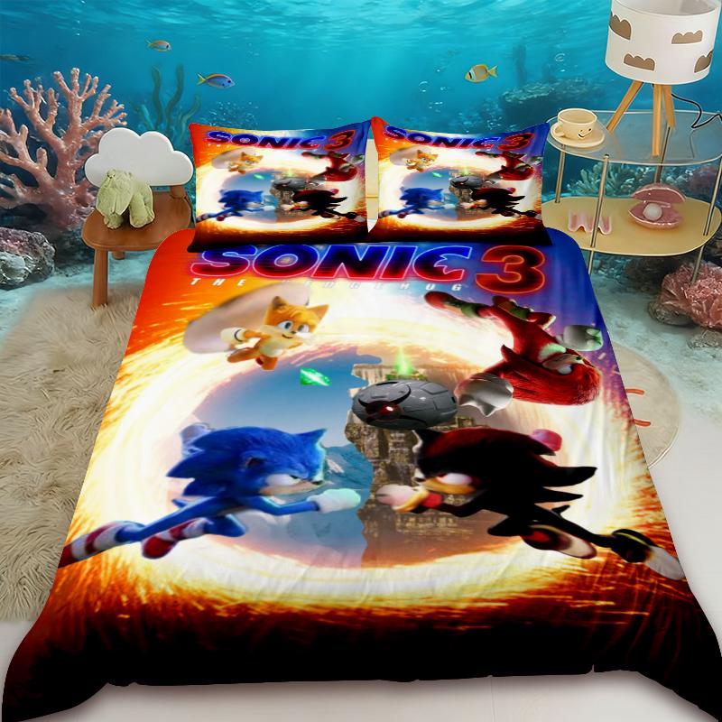 

Kids Sonic Duvet Cover Set Hedgehog Cartoon Bedding Set with 2 Pillowcase Bedroom Dormitory Decor Gifts 135x200cm