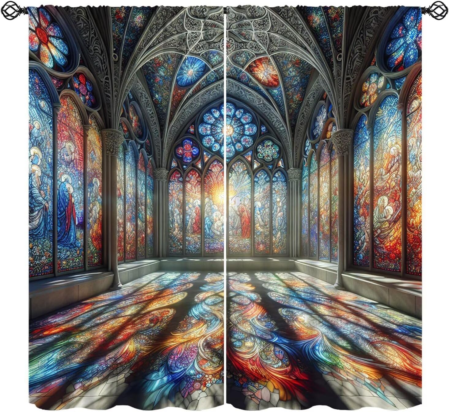 Colorful Stained Glass Curtains,Tree of Life Viking Tree Vintage Beautiful Nature Scenery Decor Rod Pocket Window Treatments for 60×150cm