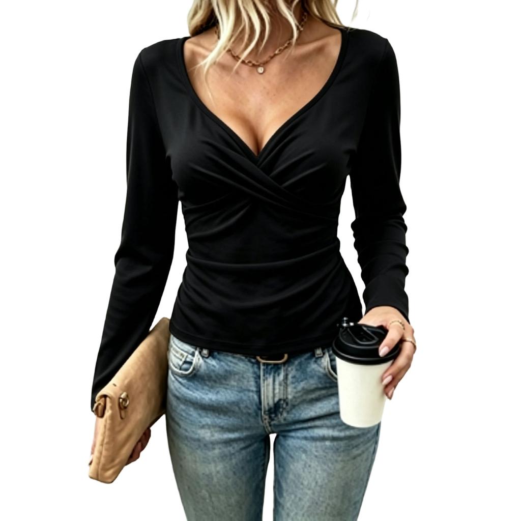 Blusa Elegante da Donna a Maniche Lunghe con Scollo a V e Incrocio Frontale per l'Autunno