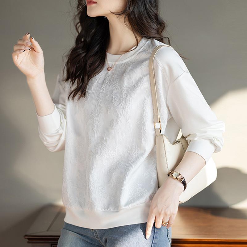 Bluză de molton jacquard cu gât rotund pentru primăvara femeilor, stil nou, larg, lejer, casual, alb versatil, pulover cu mâneci lungi