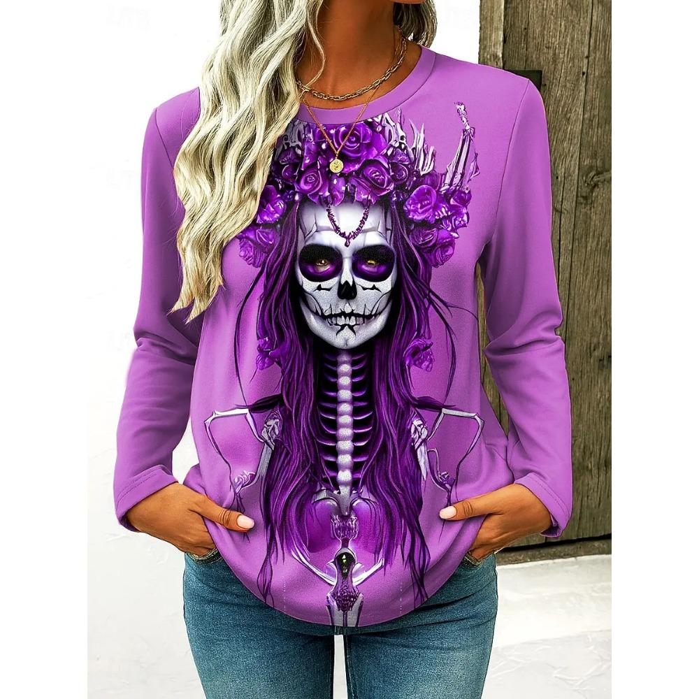 Women's Halloween 3D Printed Skull Long Sleeve T-shirts Autumn Loose Casual Round Neck Fashion Top