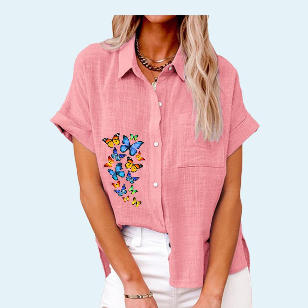 Cămașă de Modă cu Guler Rever pentru Femei Vară&Toamnă Imprimeu Fluturi cu Buzunar Top Tricou cu Mânecă Scurtă Bluze Casual din In