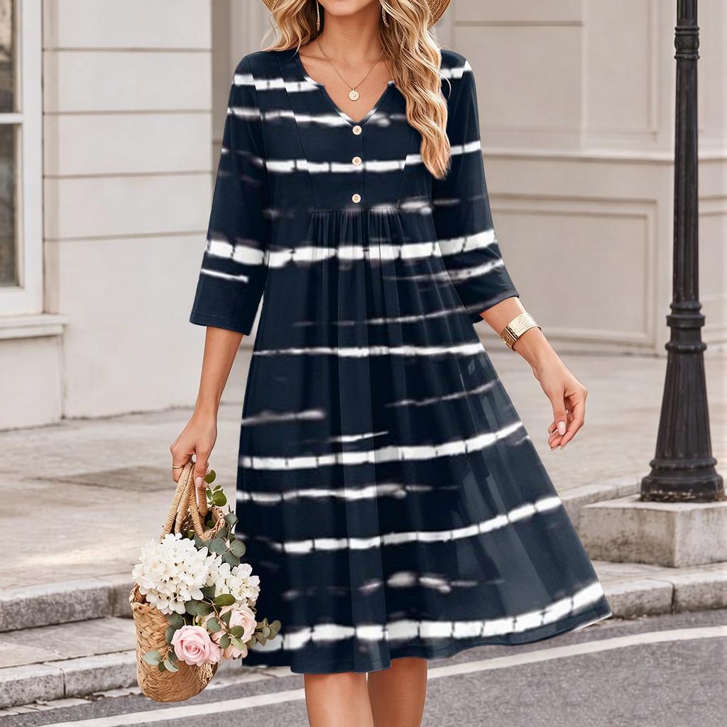 Women's Striped Print V-Neck Three-Quarter Sleeve Casual Dress