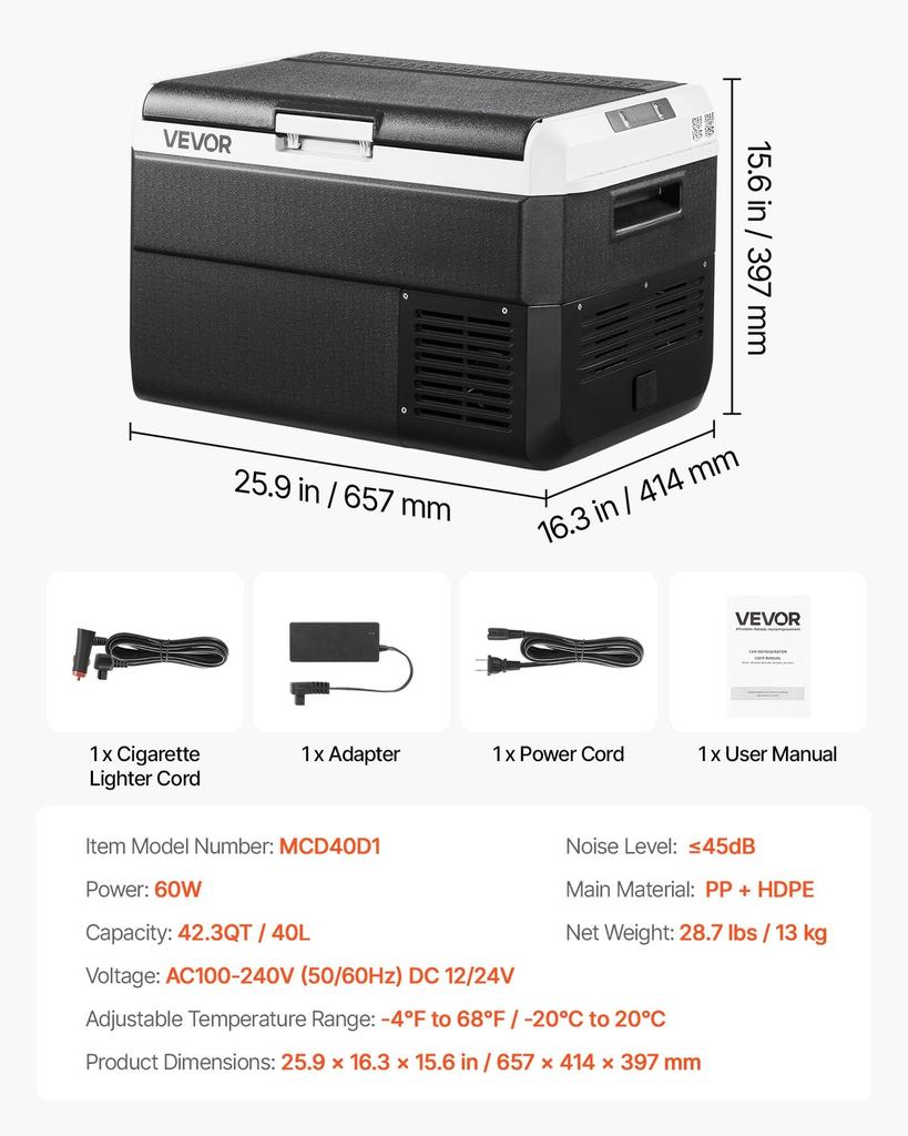 12 Volt Car Refrigerator, 40L Car Fridge, Portable Electric Cooler with -20 to 20 Adjustable Temperature, 12/24V DC and 100- 240V AC Compressor