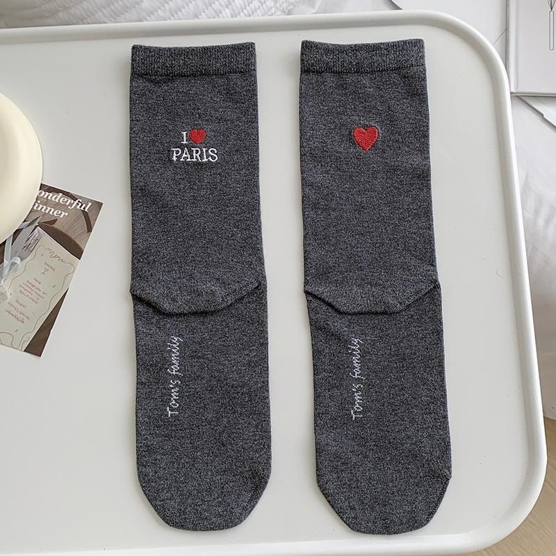 White Socks Pure Cotton Stacking Socks Heel Embroidered Love Letters Spring And Autumn Thin Cotton Medium Tube Socks
