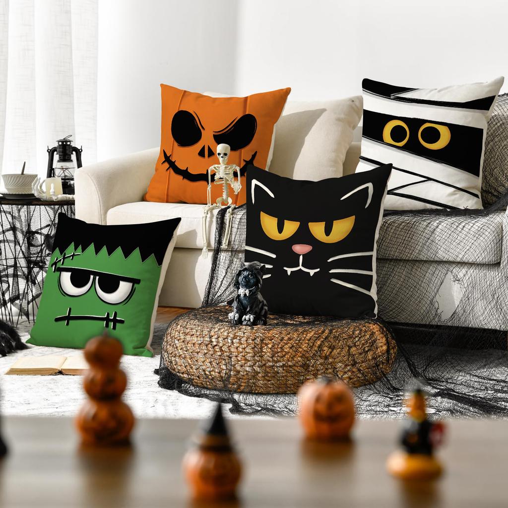 1/4Pcs Halloween Pillowcase, Halloween Orange Fun Emoji Cushion Cover, Decorative Sofa, Living Room, Bedroom Cushion Cover