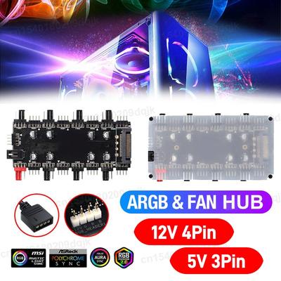 12V/4Pin RGB 5V/3Pin ARGB Fan PWM HUB 1 To 8 Multi Way Splitter AURA Fan Cooler Extension Cable Adapter Speed Controller Adapter