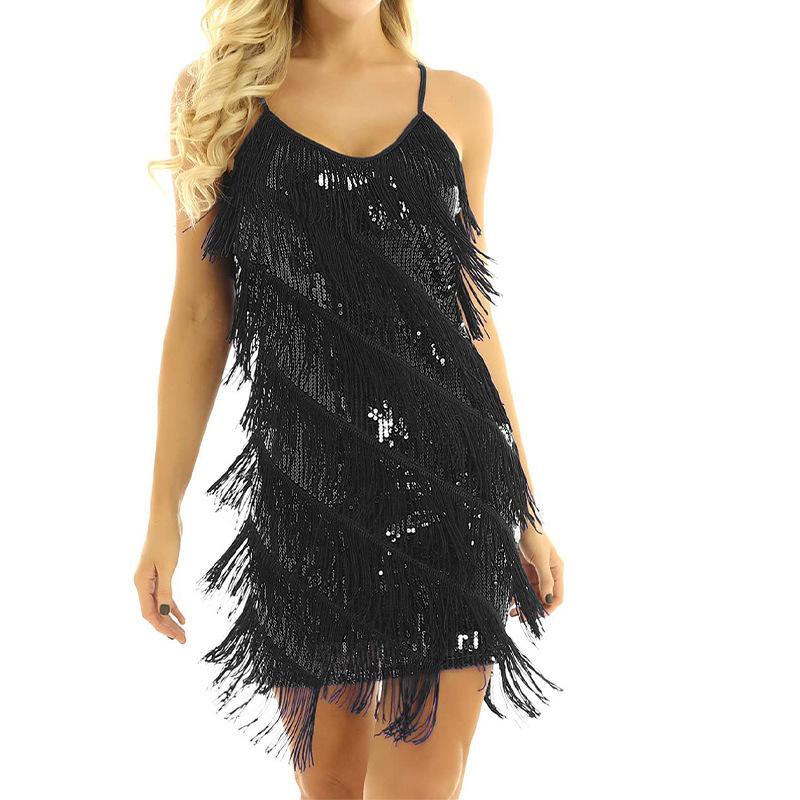 

Sling Sequins Tassel Skirt Collar Dress Latin Dance Dress Dance Costume Performance Costume S чорний
