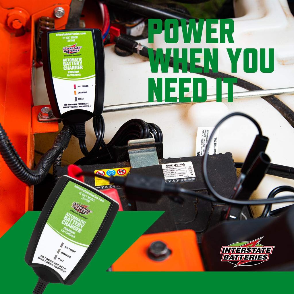 Interstate Batteries Powersports Battery Charger - 1.0 Amp - Sealed Lead Acid or AGM - Motorcycles, ATV, Marine, Snowmobiles, Lawnmowers, Scooters