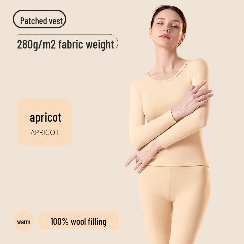 Women's Thermal Suit: 7A Antibacterial 100% Wool Filling, Slim Fit, Round Neck, for Autumn/Winter.