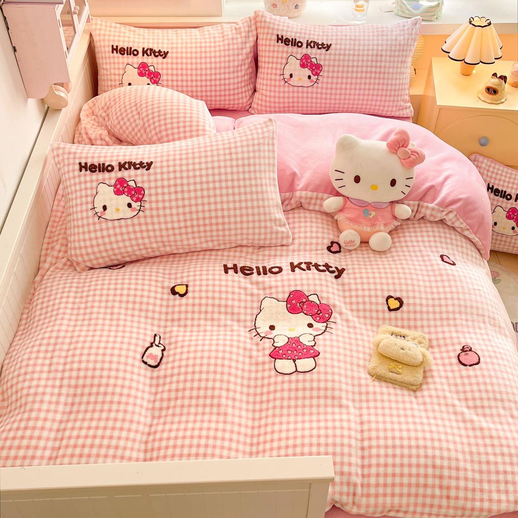 Cat Thickened Milk Fleece Four-Piece Set Cartoon Sticker Embroidered Fleece Quilt Cover Student Three-Piece Set