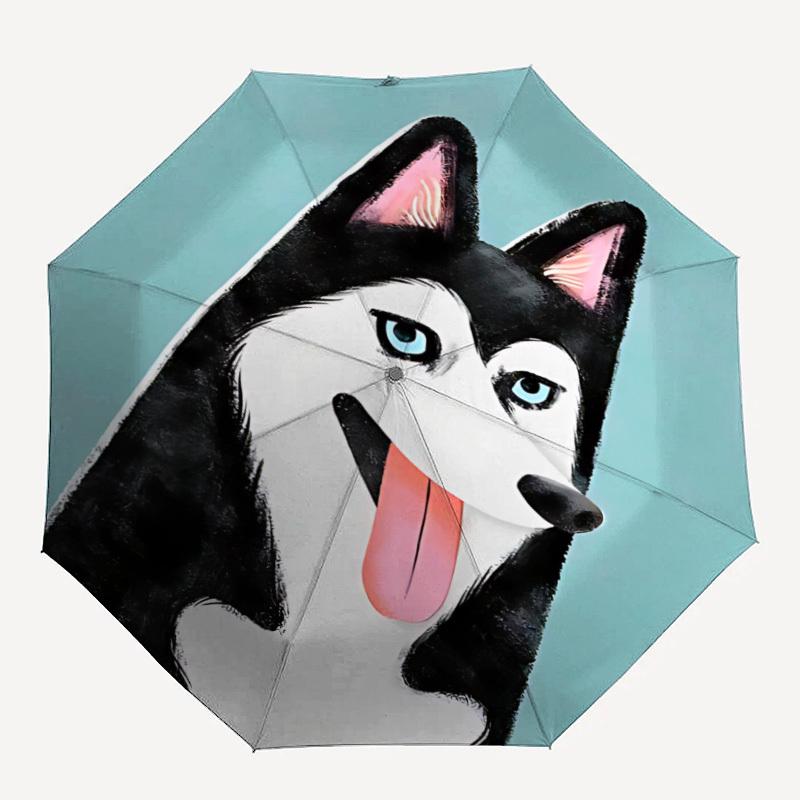 1PC Husky Dog Automatic Windproof Umbrella 8 Rib Portable Folding Black Iron Frame for Outdoor, Beach, Travel, Beach Umbrella,S45