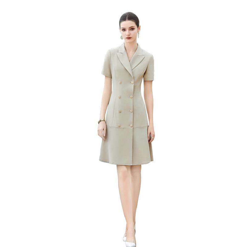 Chic Double-Breasted Slimming Summer Work Dress with Suit Collar and Short Sleeves