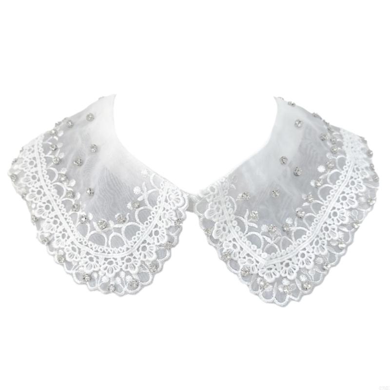 49ME Stylish Rhinestones Embellished Faux Collar for Women Blouse Multipurpose Shirt Accessory Lace Trim Organza False Collar