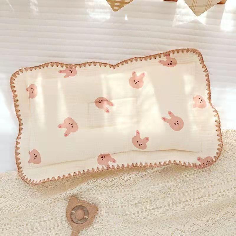 Baby Pillow Pure Cotton Gauze Baby Styling Pillow Lace Cotton Newborn Head Anti-Bias Head Correction Low Pillow 0-6