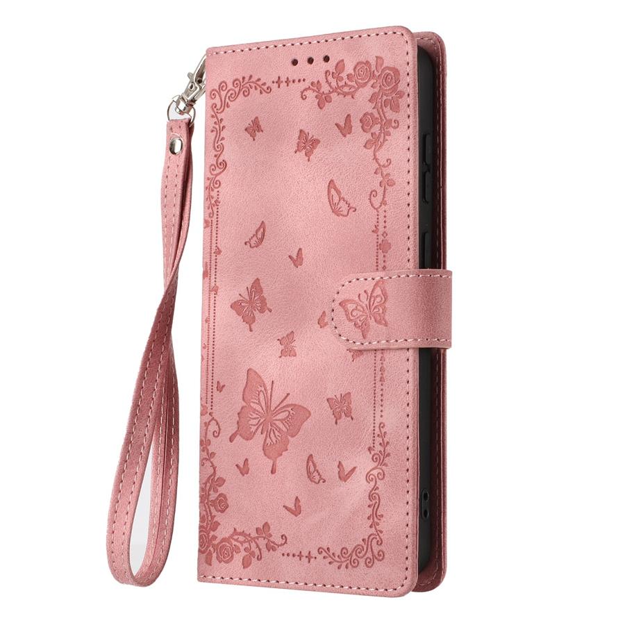Retro Embossed Flower and Butterfly Phone Case for iPhone 17 16 15 Skin Feel PU Leather Card Slots Wallet Case with Wristband for Samsung S25 S24 S23