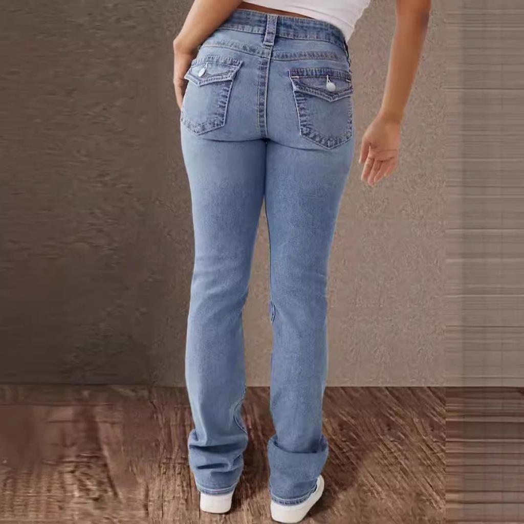 Women's Elastic High Waist Washed Denim Casual Pants