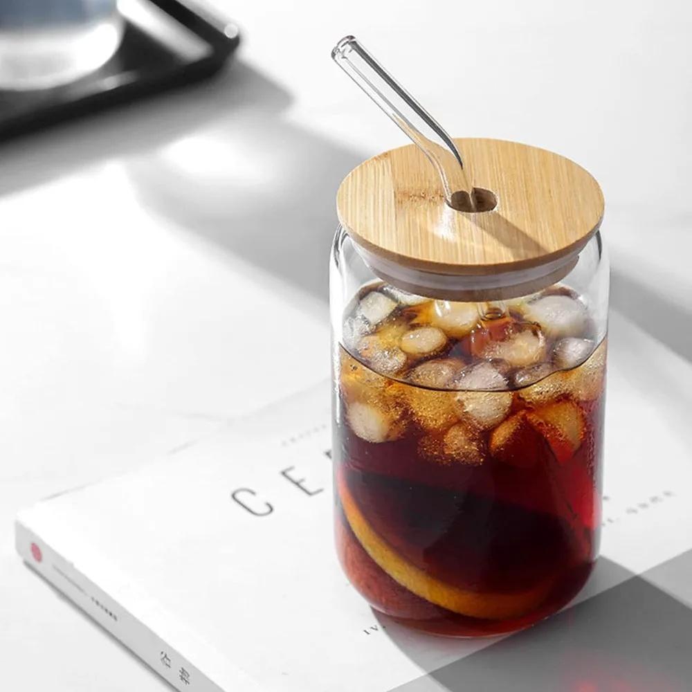 350/550ml Glass Cup with Bamboo Lids and Glass Straw 1pc Beer Shaped Drinking Glass Cute Tumbler Cup for Smoothie, Boba Tea