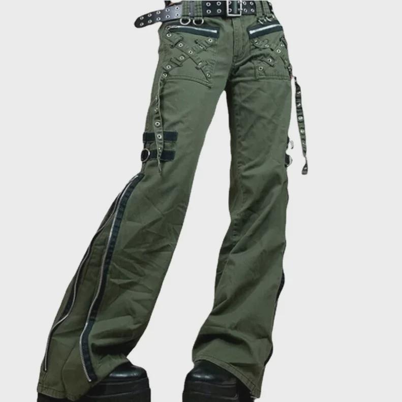 Pantaloni noi cu talie joasă, evazați, stil punk, cu fermoar și crăpătură pentru femei