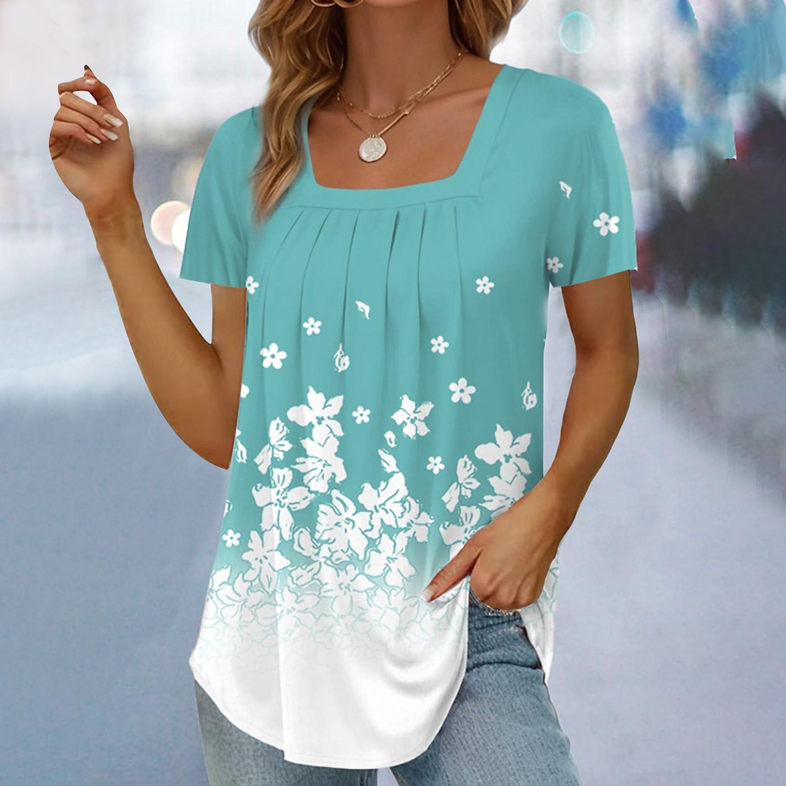 

Женская модная свободная футболка с квадратным вырезом и цветочным принтом, плиссированная футболка с короткими рукавами, летний повседневный пуловер, топ 3XL озеро синий