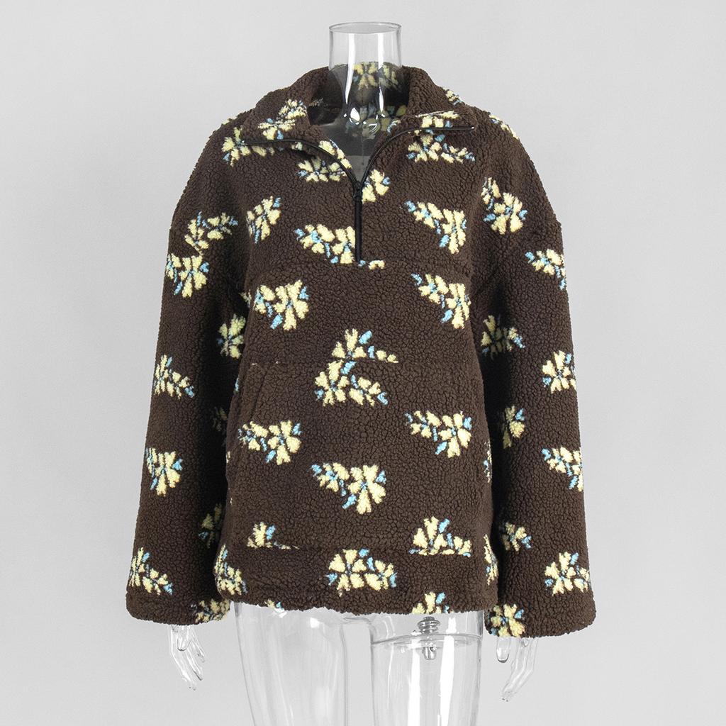 Fleece Floral Sweatshirt 2026 Fall Winter New Fashion Warm Fuzzy Pullover Crew Neck Long Sleeve Casual Top for Women