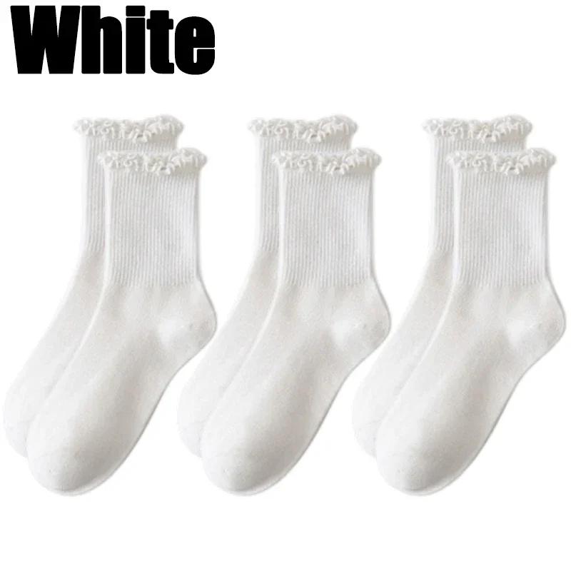 5pairs Korean Lolita JK Ruffle Cotton Socks for Women Middle Tube Ankle Soft Breathable Hosiery Black White Autumn Kawaii Socks