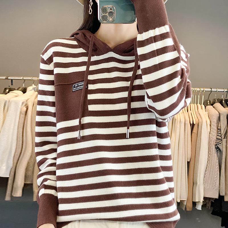 2024 Autumn Korean Chic Women's Striped Knit Hooded Sweater