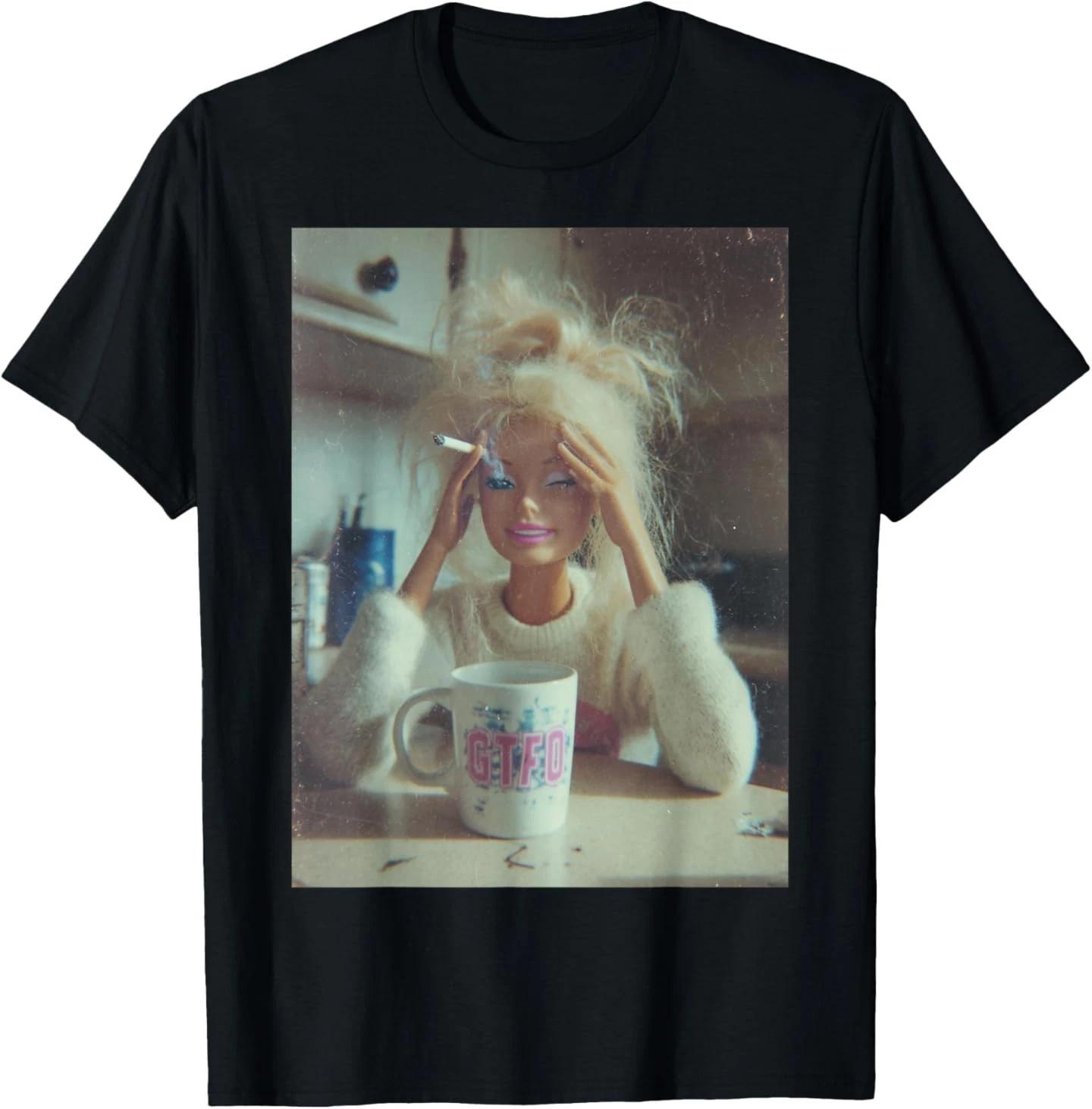 Funny Distressed Doll Face Meme Smoking Sarcastic Humor Gift T-Shirt S