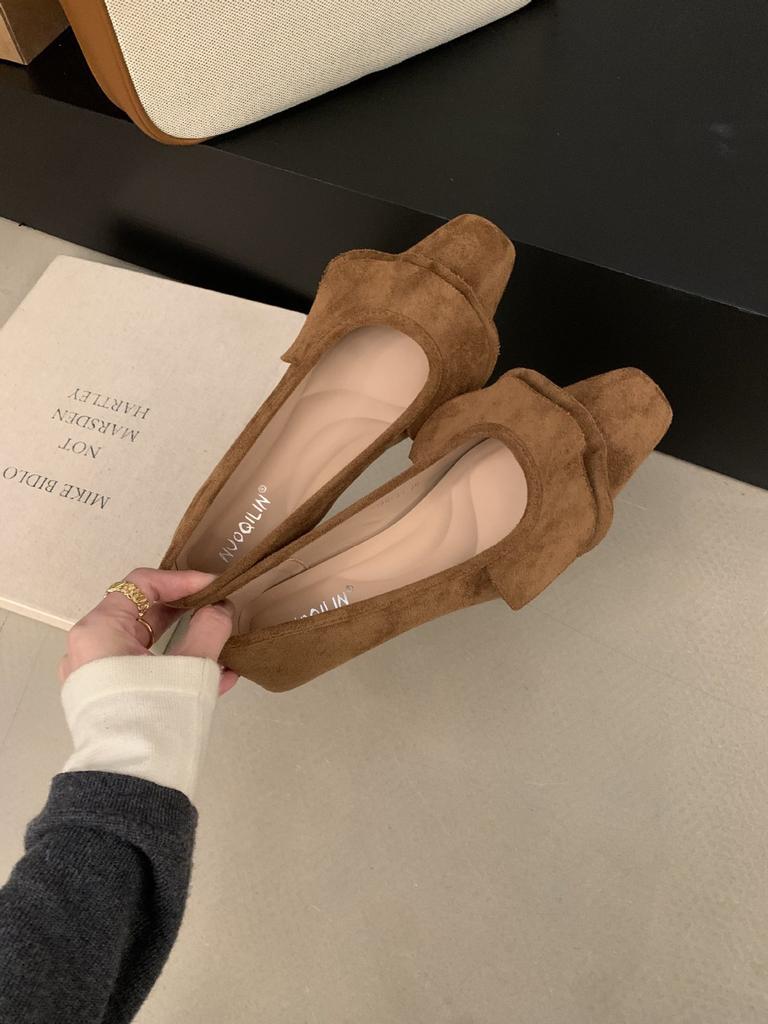 Ladyshoes 2025 New Korean Version Spring and Autumn Square Head Soft Sole Low-heeled Shoes Women's Suede Shallow Mouth One-pedal Single Shoes