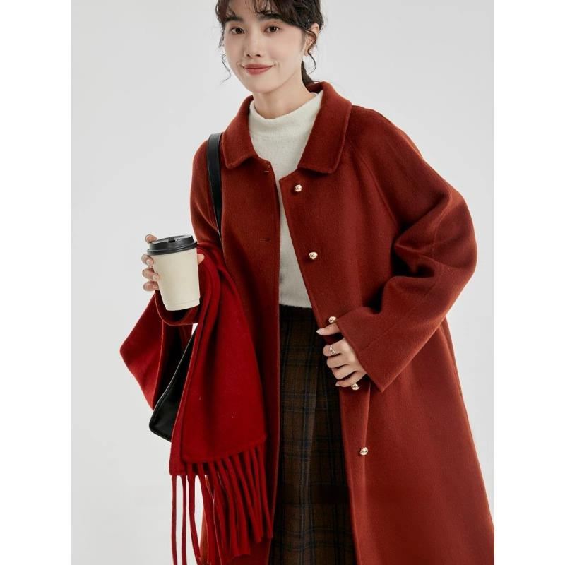 Winter Fashion Red Wool Coat Women Loose Mid Long Simple Elegant Premium Tweed Jacket
