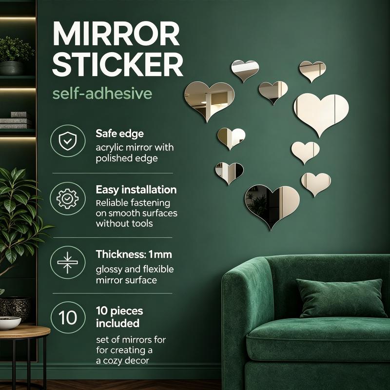 3D Love Mirror Wall Sticker 10Pcs Set Self-Adhesive Easy To Paste Decal for Wedding Kids Room Toilet Table Home Decor