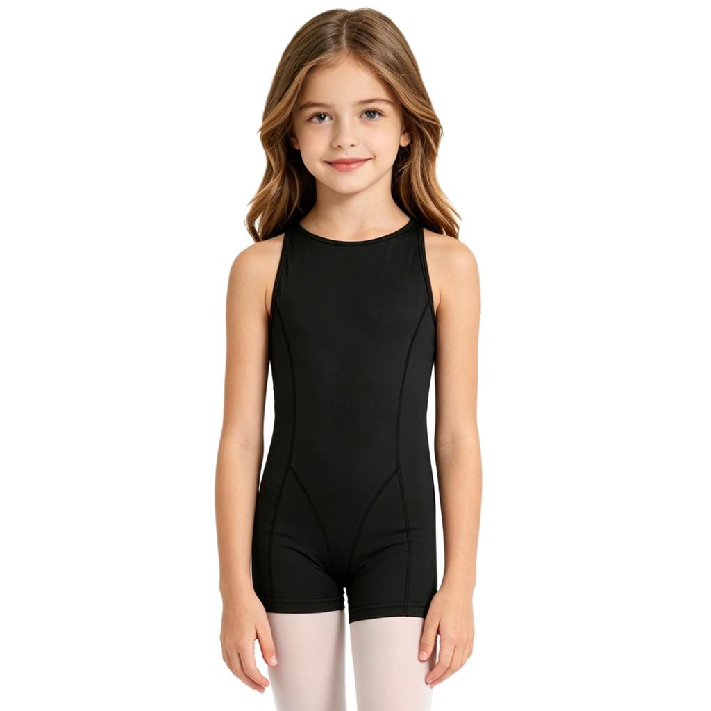 Kids Girls Gymnastics Dance Bodysuit Round Neck Sleeveless Back Invisible Zipper Thigh Length Jumpsuit for Practice Training