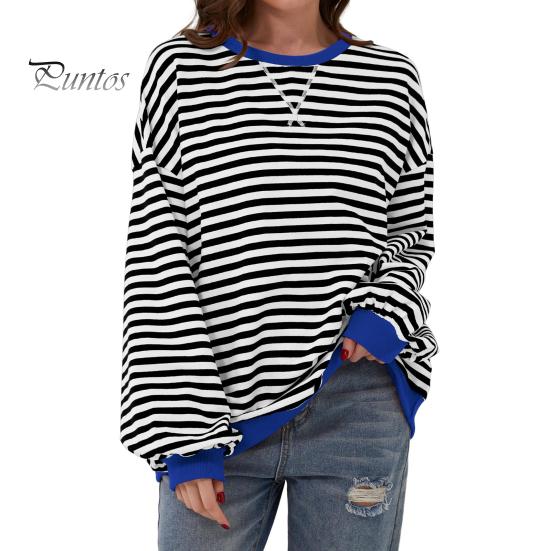 

Женская простая футболка оверсайз, полосатый пуловер с цветными блоками, топы с круглым вырезом и длинными рукавами, свободная футболка уличной одежды XL черный белый