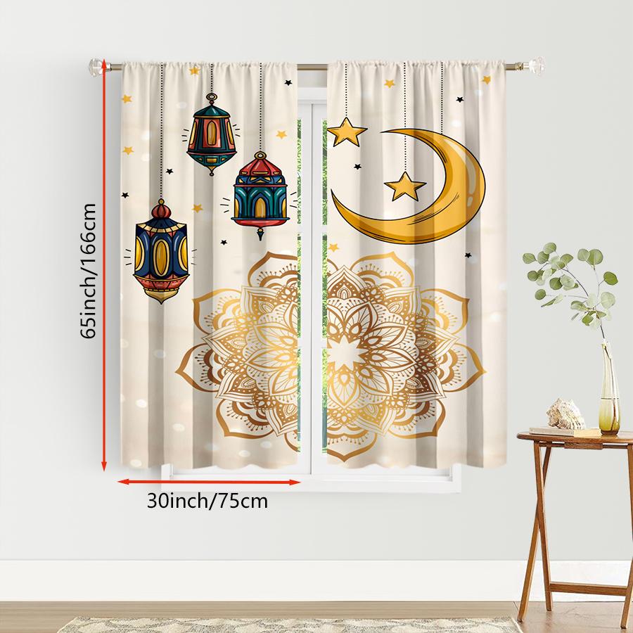 Golden Mandala Floral Curtains Flat Cartoon Lantern Stars Moon Print Polyester Fiber Ramadan Eid Window Decor Curtain Set Of 2 Made Washable
