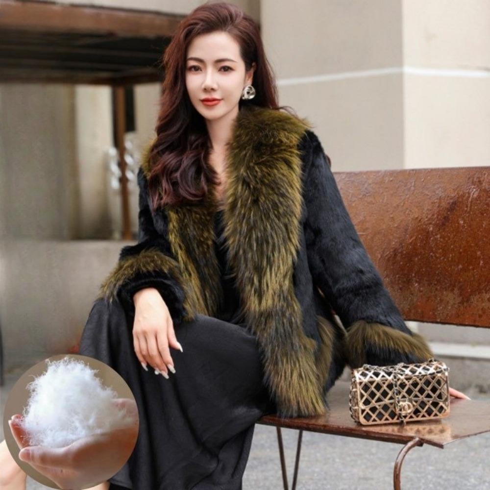 Fur Mid-length Whole Leather Rabbit Fur Coat White Goose Down Lining Raccoon Fur Collar New Autumn and Winter Coat