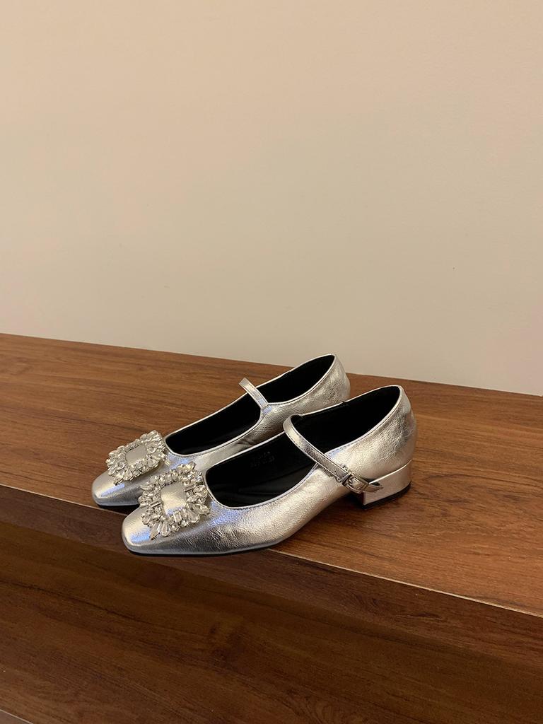 Coarse Heel French Silver Mary Jane Single Shoes Women's Shoes 2025 New Spring and Autumn Square Head Rhinestone Temperament High Heels