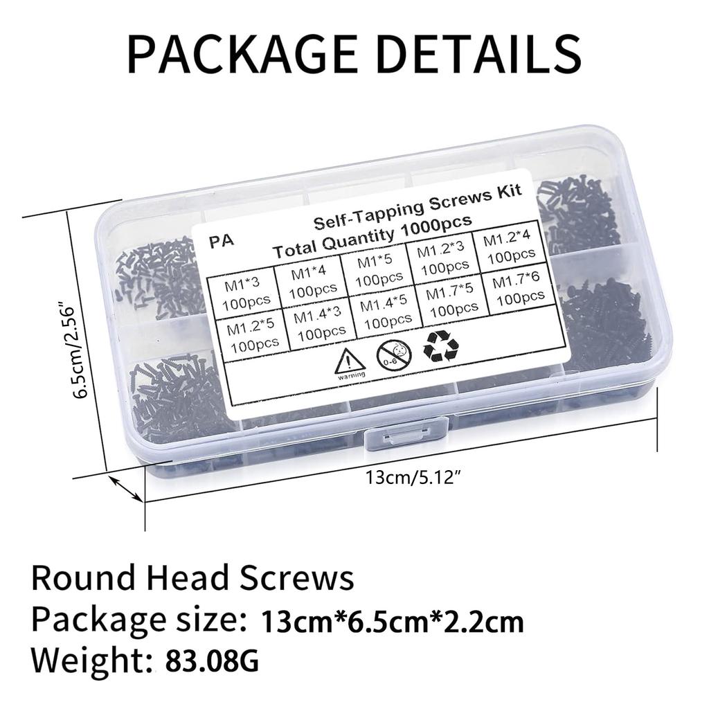 Pack of 1000 Assorted Screw Set M1-M1.7 Small Screws Set 1000pcs Self Tapping Screws Repair Screw Assortment for Repairs
