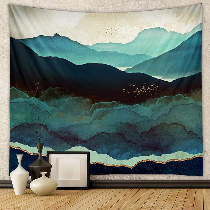 Nordic Mountain Sunset Printed Tapestry Natural Landscape Wall Hanging Cloth Beautiful Bedroom Background Decoration with Nails