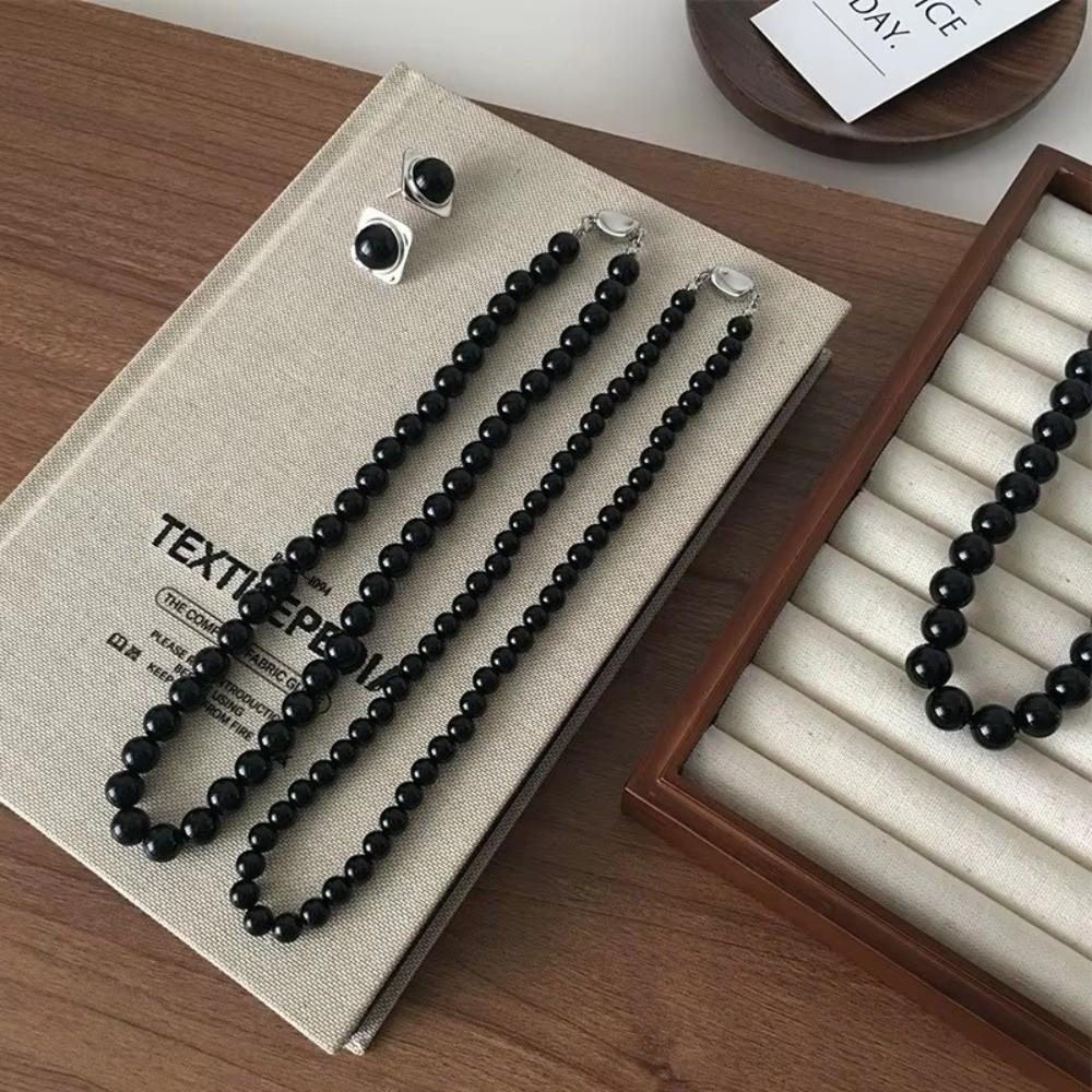 Copper Gold Black Agate Necklace Silver Plated Coin Buckle Chokers Imitation Pearl Necklace Women