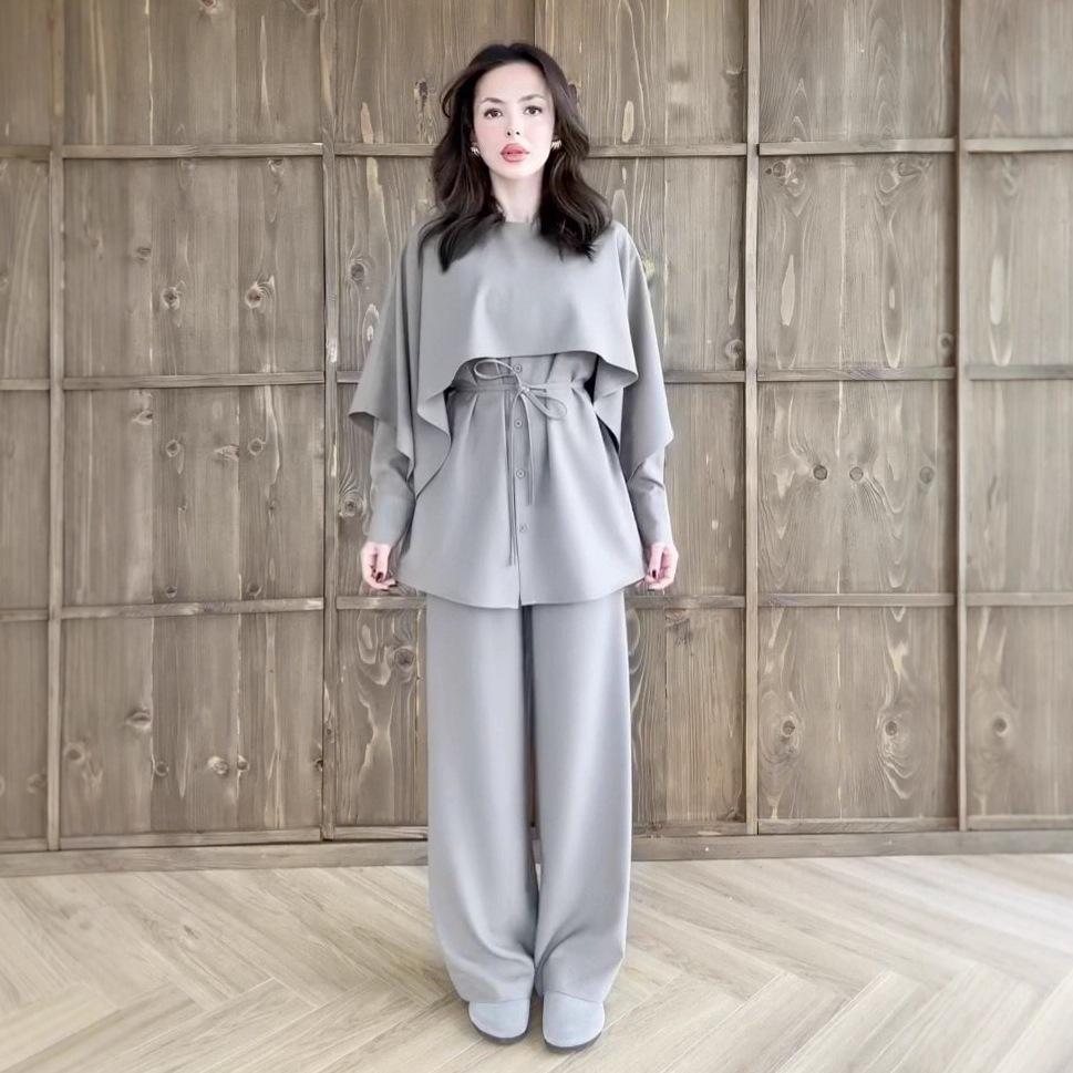 2025 Autumn European & American Women's Long-Sleeve Shawl Waist-Tied Top and Pants Set