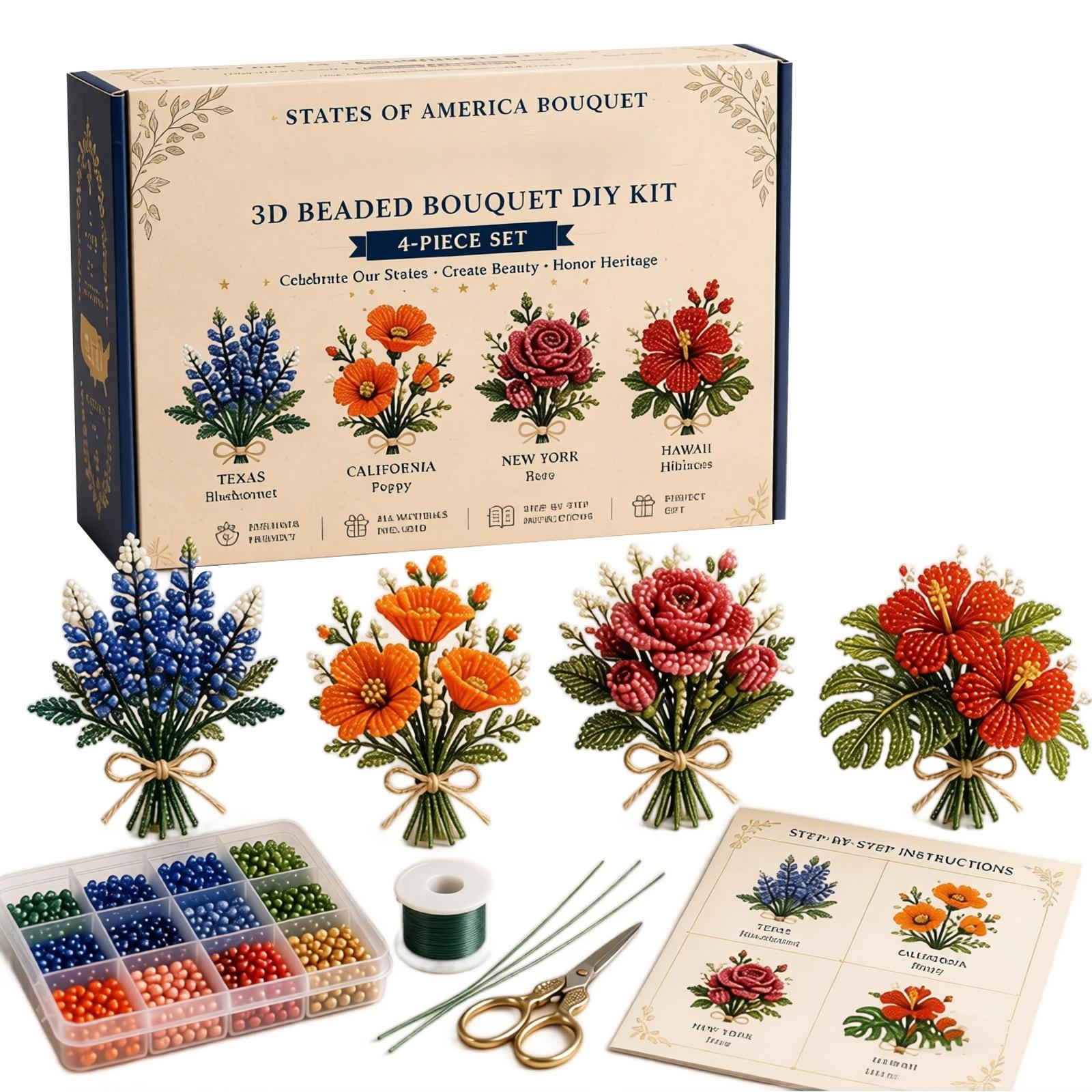 3D Beaded Bouquet DIY Kit 4-Piece Set Patriotic Craft Kit for Independence Day Floral Arrangement Crafting Project One Size
