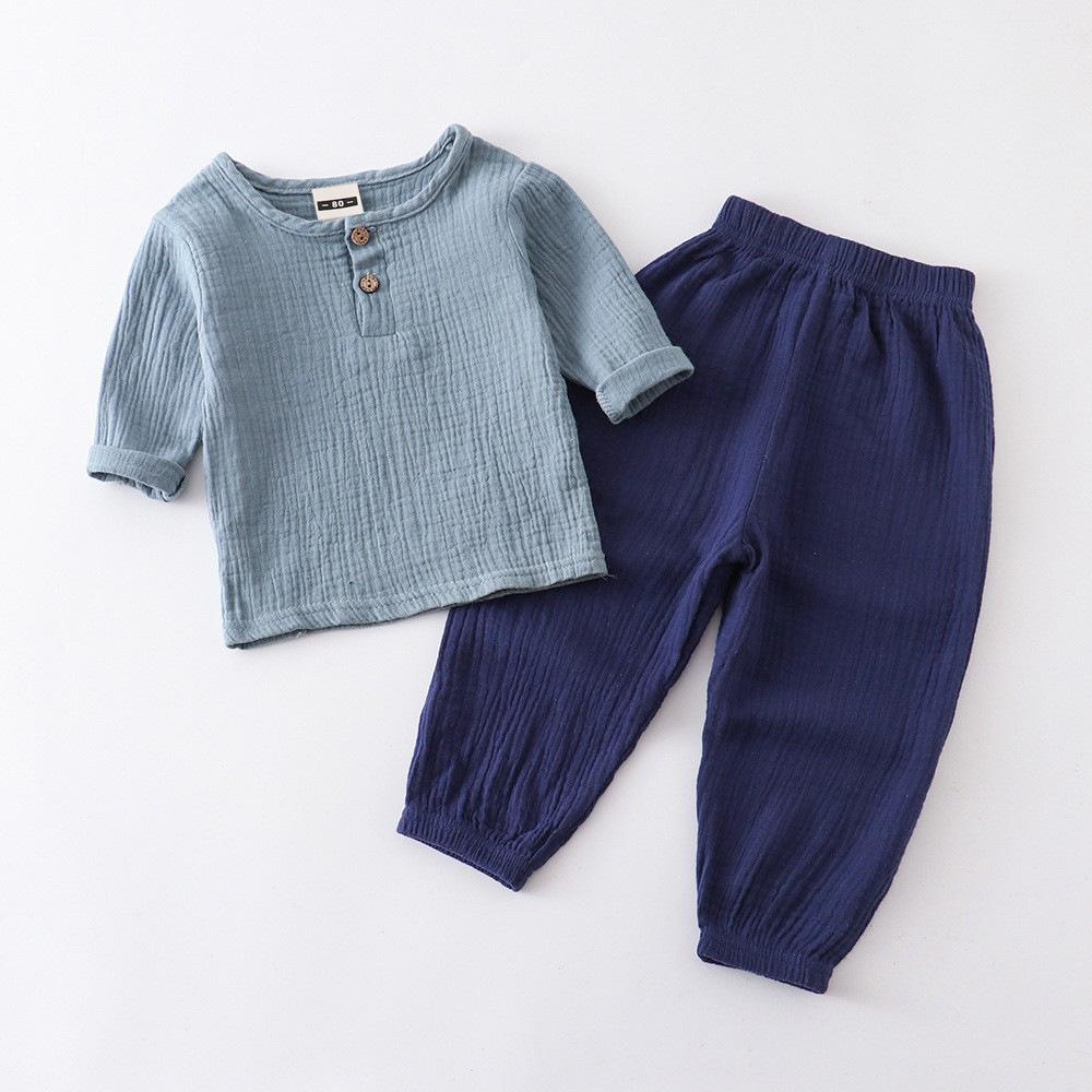 Kids Cotton Linen Long Sleeve Set Spring Summer Outfit Boys Girls Loose Two Piece Pure Color Breathable Comfortable