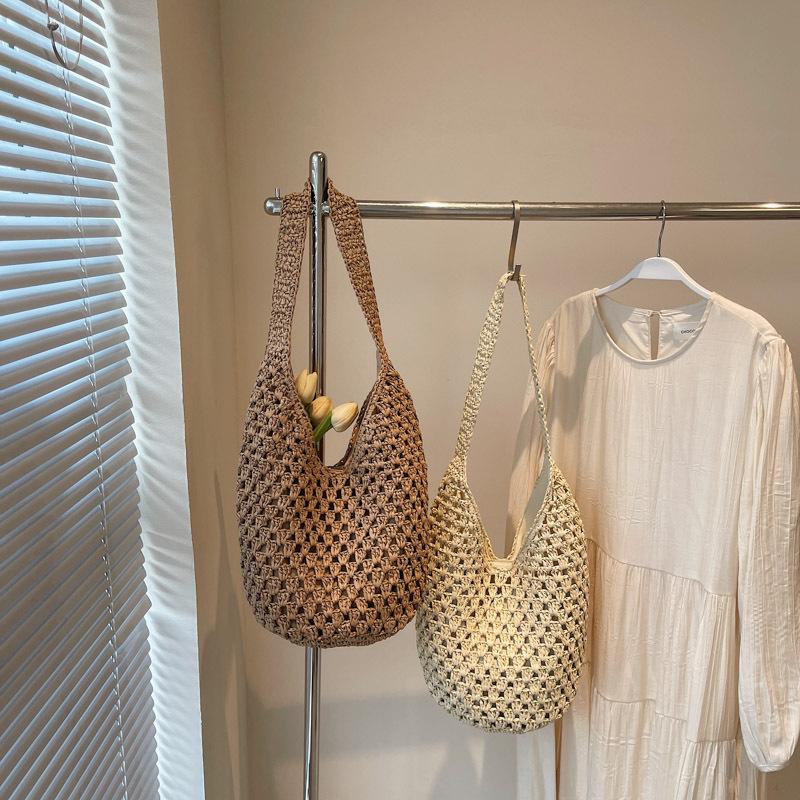 Women Knitting Shoulder Bag Hollow Out Beach Bag Large Capacity Aesthetic Tote Handbag Ladies Daily Handbag CLE