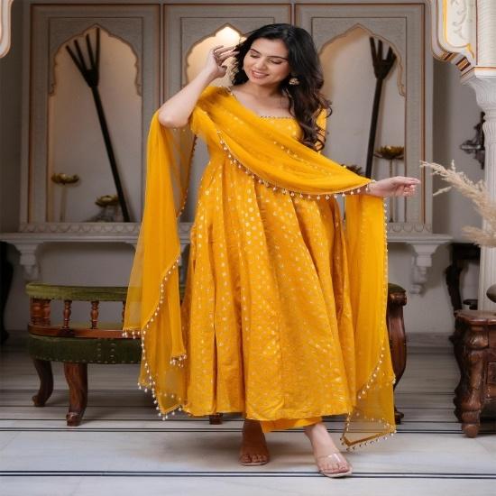 Radiant Mustard Yellow Bandhani Print Anarkali Gown Set S